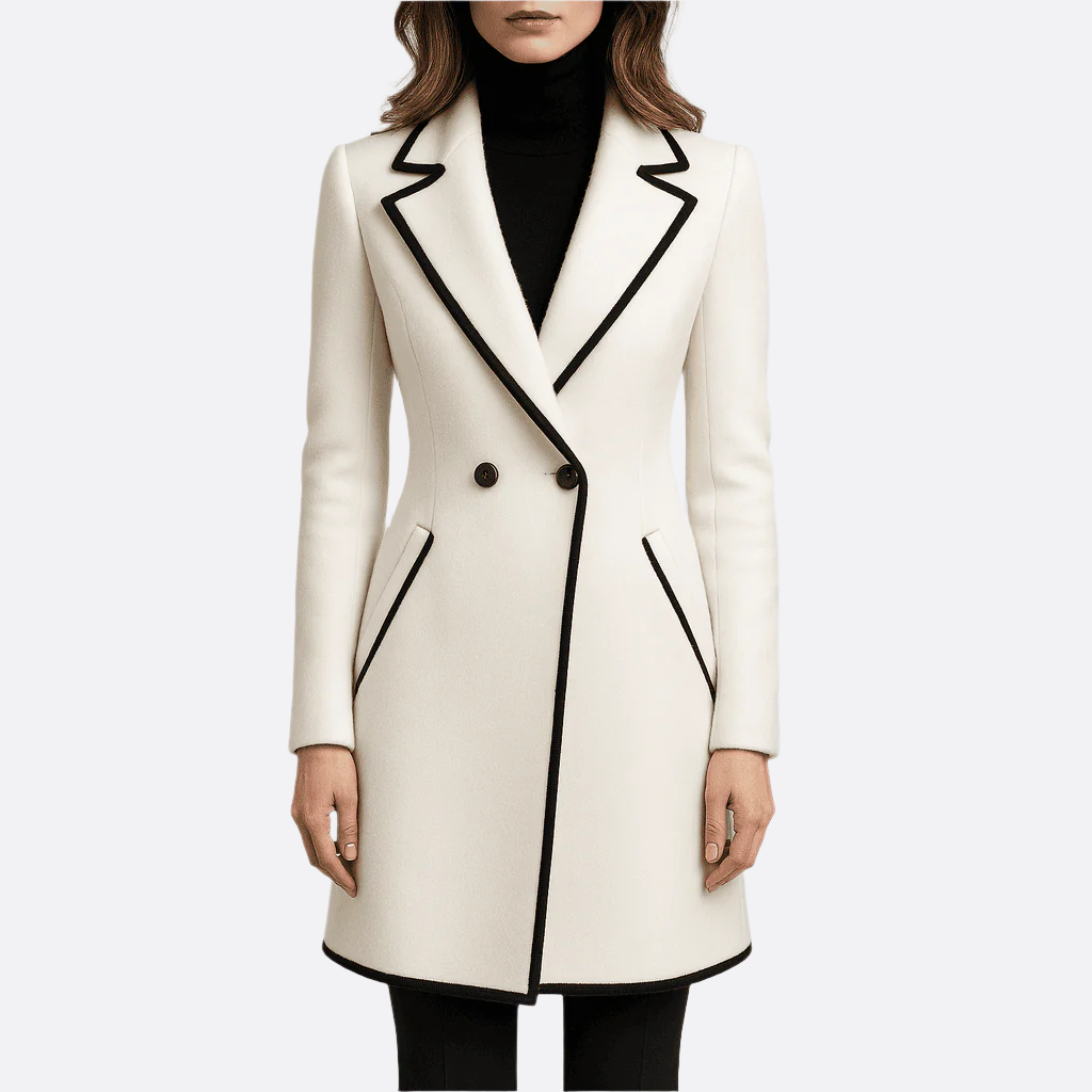 Damen - Doppelreihiger Mantel - Mischgewebe - Elegantem schwarzem Saum - Stilvoll und Warm für jede Gelegenheit
