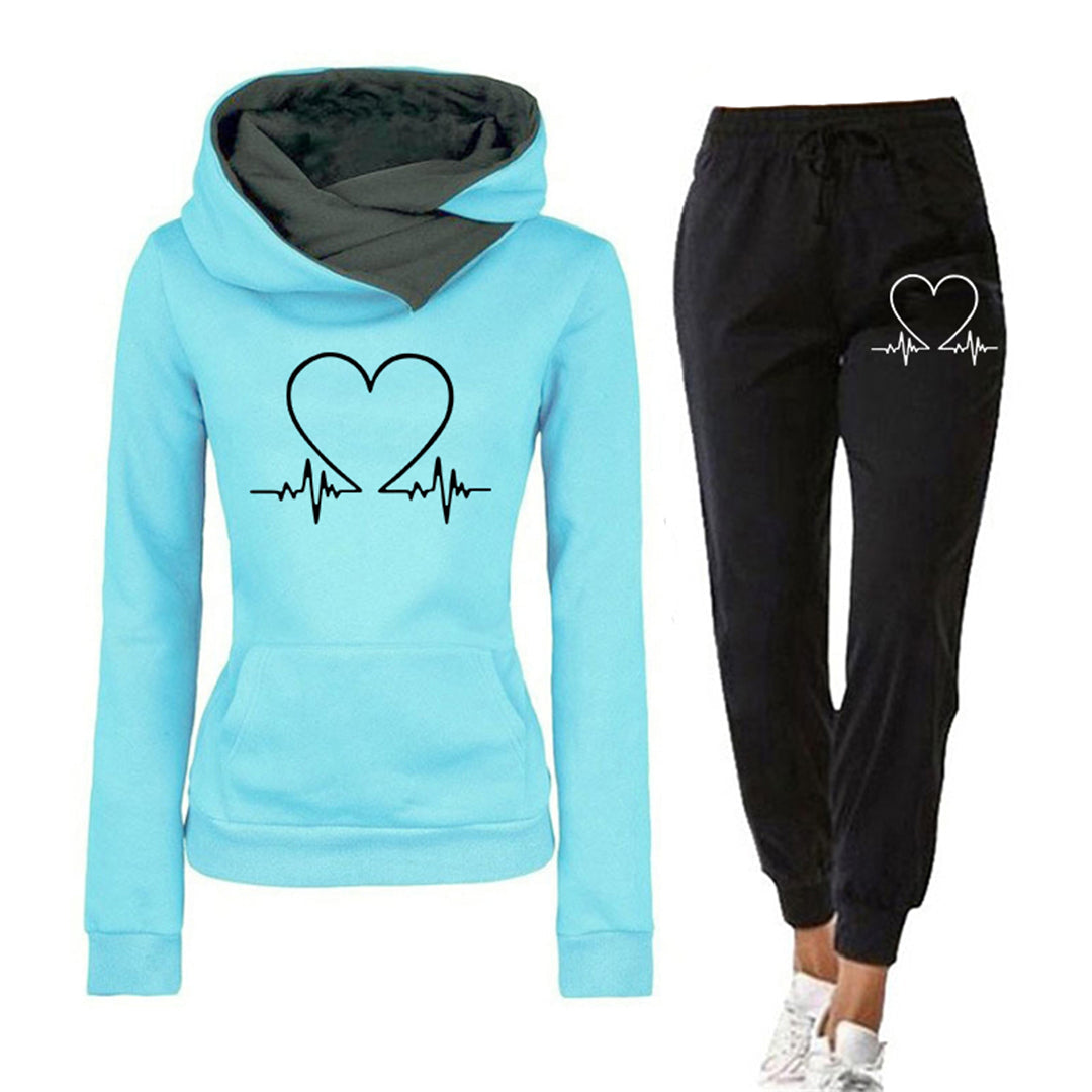 Damen - Loungewear Set - Bequemer Hoodie - Herzschlag Print & Jogginghose - Perfekt für Entspannung