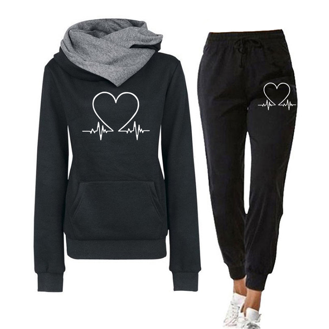 Damen - Loungewear Set - Bequemer Hoodie - Herzschlag Print & Jogginghose - Perfekt für Entspannung