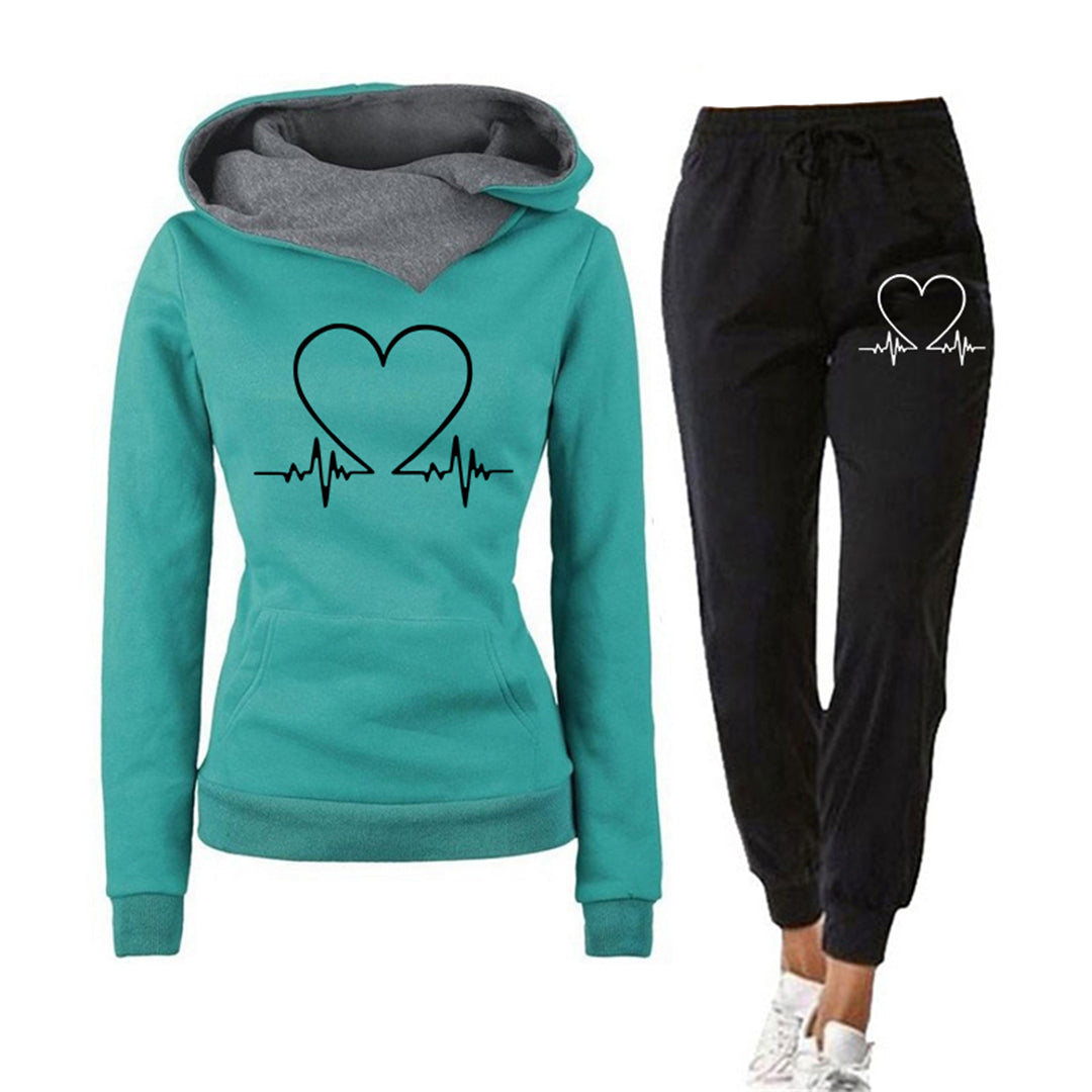 Damen - Loungewear Set - Bequemer Hoodie - Herzschlag Print & Jogginghose - Perfekt für Entspannung