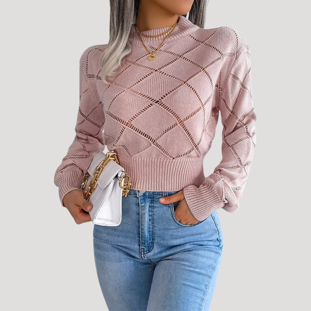 Damen - Gestrickter Pullover - Hohem Halsausschnitt - Rautenmuster - Warm und Stilvoll für den Herbst