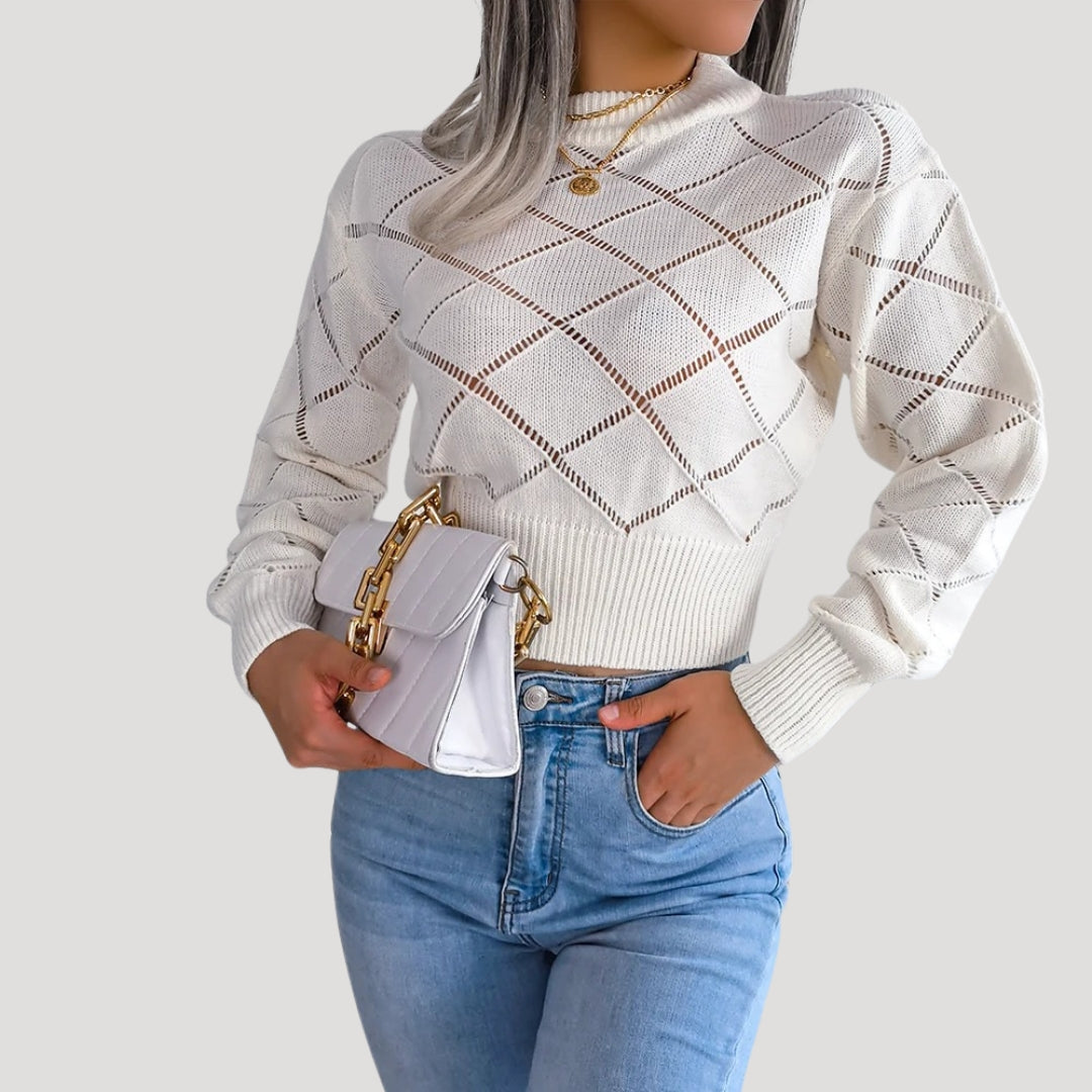 Damen - Gestrickter Pullover - Hohem Halsausschnitt - Rautenmuster - Warm und Stilvoll für den Herbst