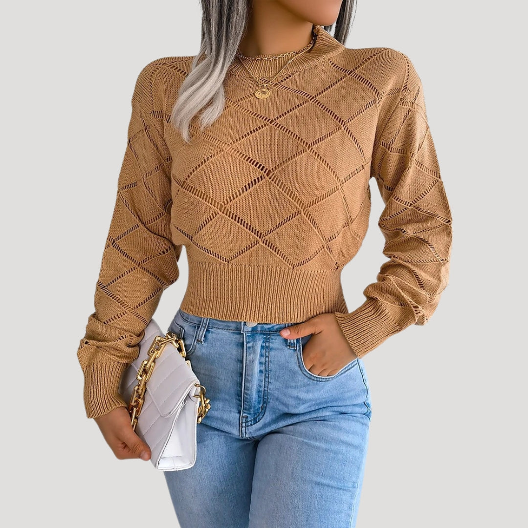 Damen - Gestrickter Pullover - Hohem Halsausschnitt - Rautenmuster - Warm und Stilvoll für den Herbst