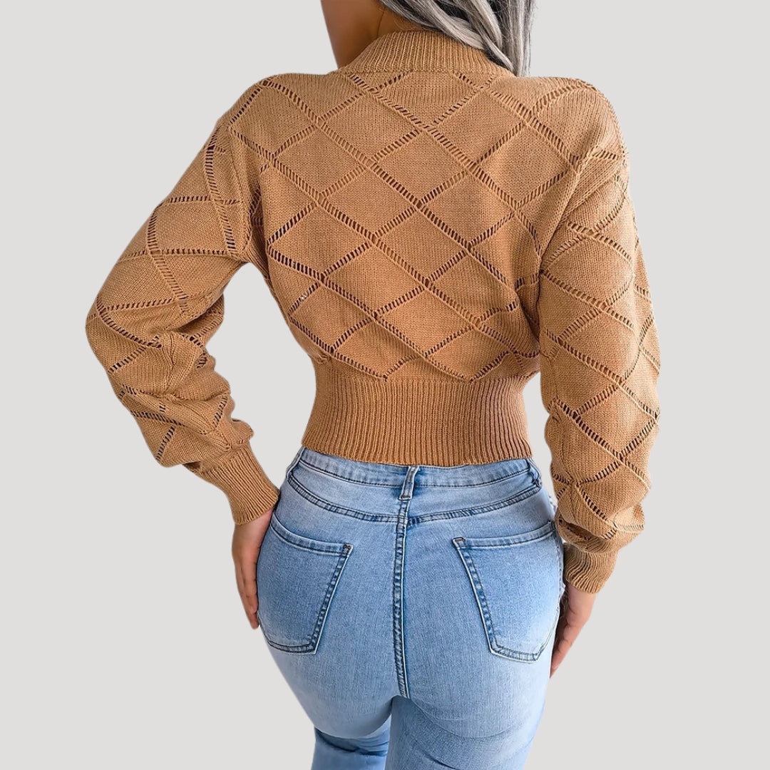 Damen - Gestrickter Pullover - Hohem Halsausschnitt - Rautenmuster - Warm und Stilvoll für den Herbst