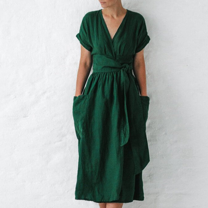 Damen - Wickelkleid - Leinen - Taillengürtel - Stilvolles Sommer-Essential für jeden Anlass