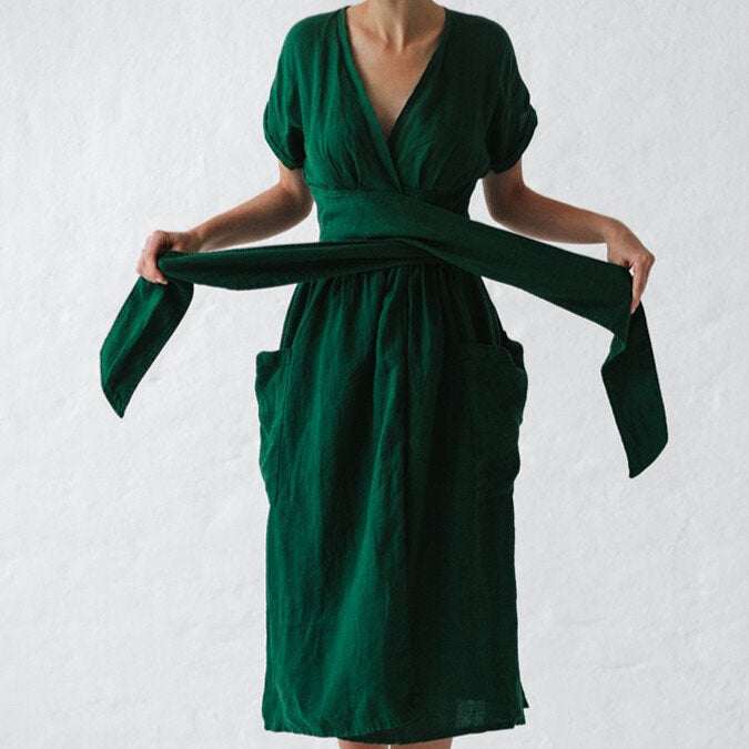 Damen - Wickelkleid - Leinen - Taillengürtel - Stilvolles Sommer-Essential für jeden Anlass