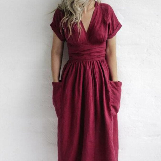 Damen - Wickelkleid - Leinen - Taillengürtel - Stilvolles Sommer-Essential für jeden Anlass