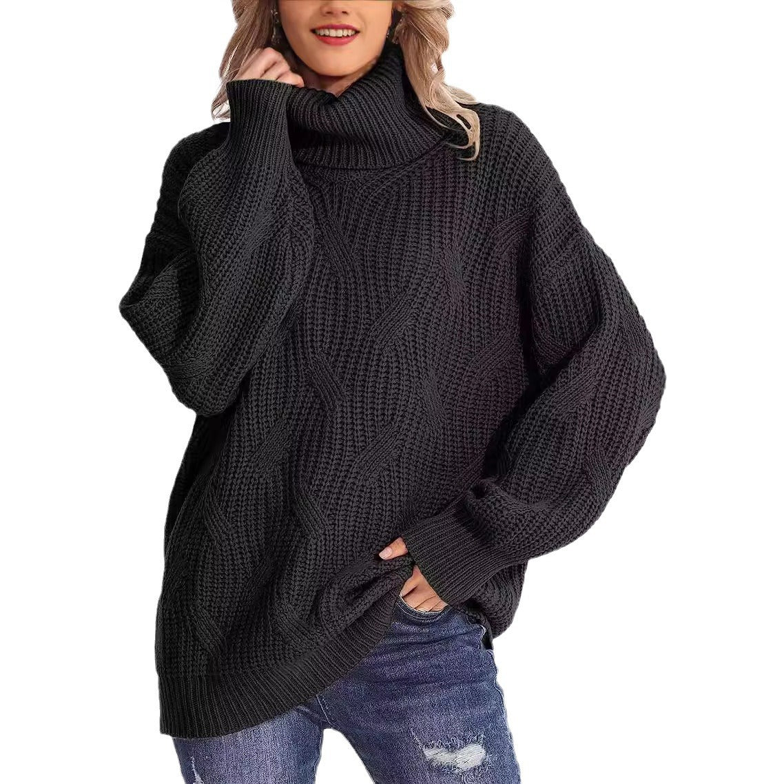 Damen - Strickpullover - Zopfmuster mit hohem Kragen - Stilvoller Pullover für kühle Tage