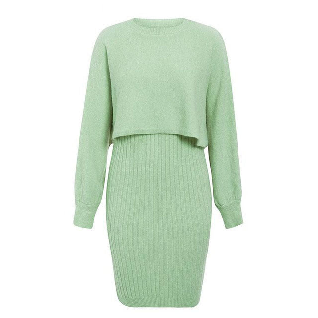 Damen - Kleid und Pullover Set - Midikleid mit Cropped Pullover - Stilvolles Strickset für jeden Anlass