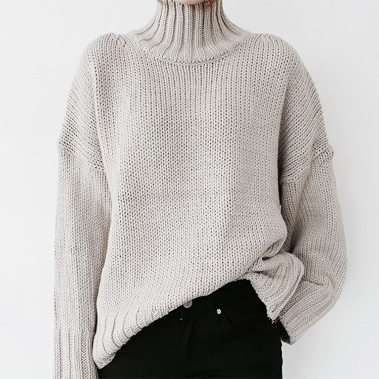 Frau - Grobstrick-Pullover mit hohem Kragen - Bequemer Style für die kalte Jahreszeit - Strickpullover