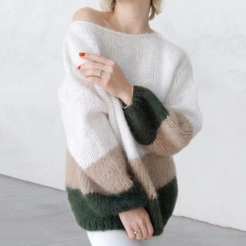Damen - Grobstrick Pullover - Modernes Blockmuster - Stilvoller Strickpullover für jeden Anlass
