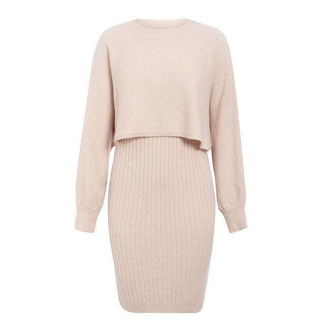Damen - Kleid und Pullover Set - Midikleid mit Cropped Pullover - Stilvolles Strickset für jeden Anlass