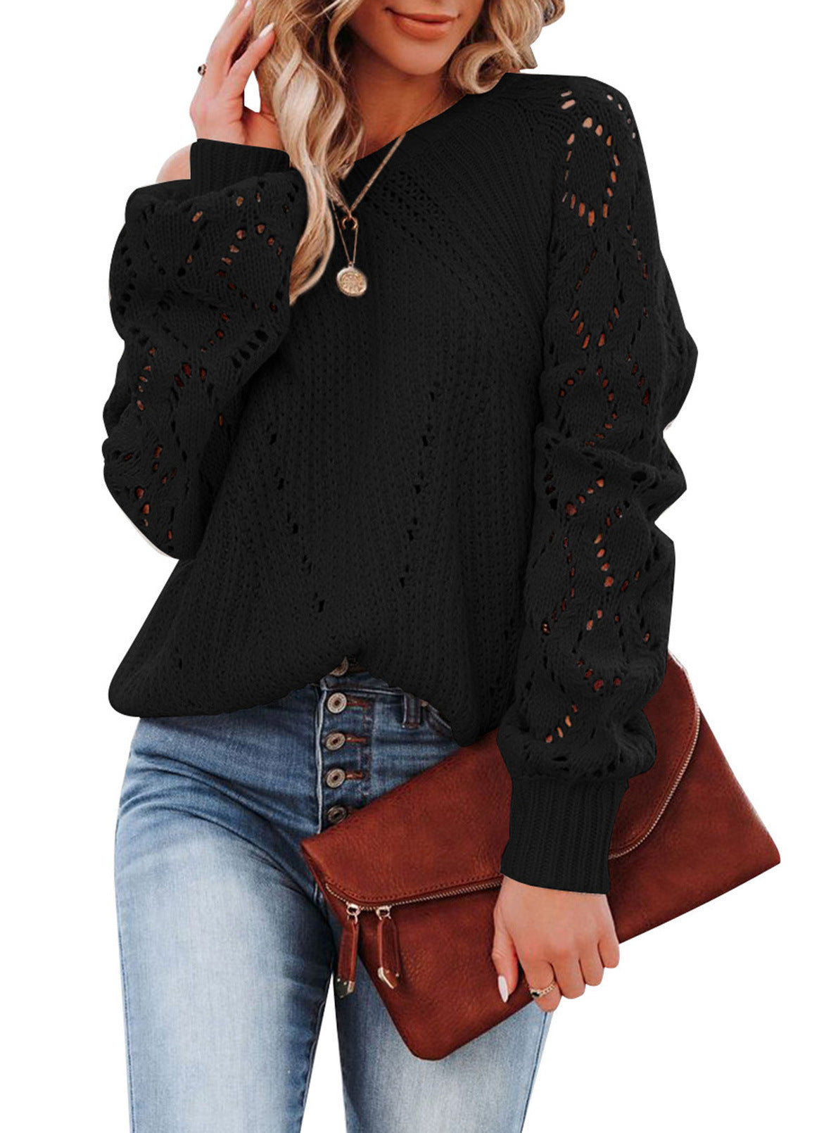 Damen - Strickpullover - Spitzenmuster & voluminösen Ärmeln - Eleganter Look für jeden Anlass