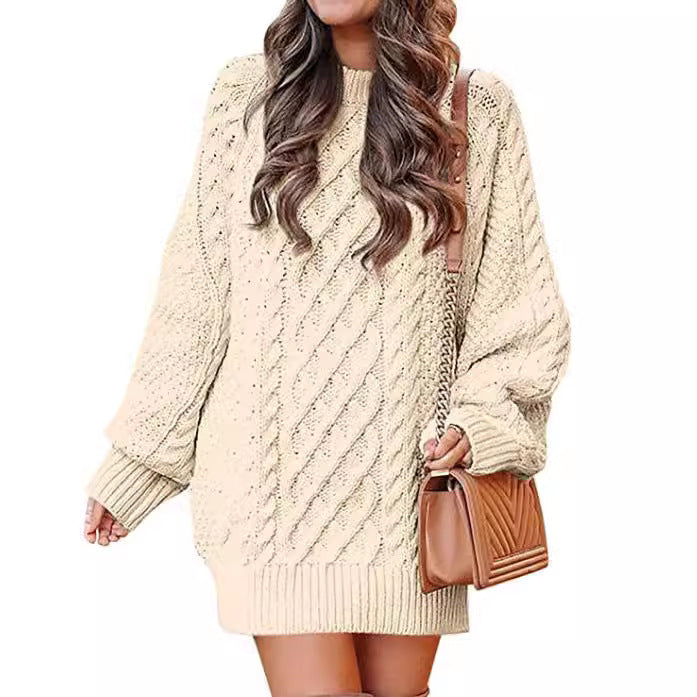 Frauen - Großer Lässiger Strickpullover - Zopfmuster aus weicher Wolle - Bequemer Modehit für den Alltag