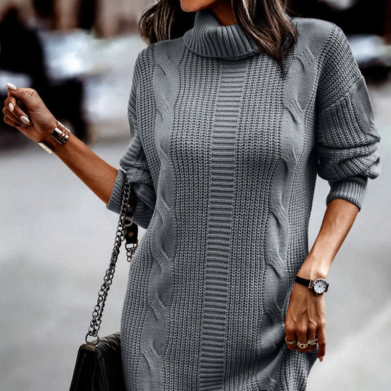 Damen - Elegantes Strickkleid - Kordelmuster - Hoher Kragen - Stilvolles Design für jeden Anlass