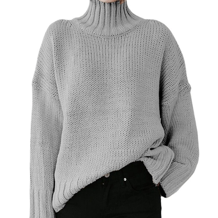 Frau - Grobstrick-Pullover mit hohem Kragen - Bequemer Style für die kalte Jahreszeit - Strickpullover