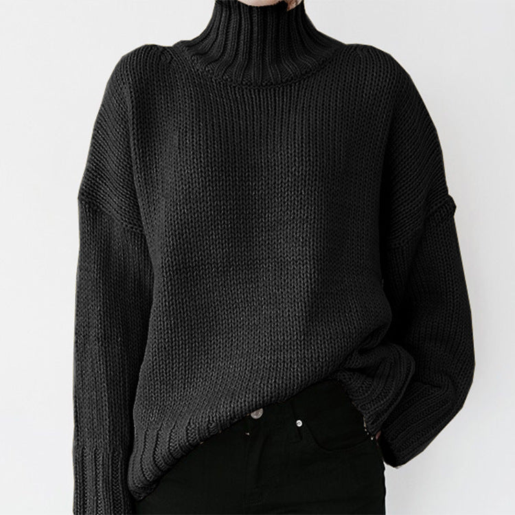 Frau - Grobstrick-Pullover mit hohem Kragen - Bequemer Style für die kalte Jahreszeit - Strickpullover