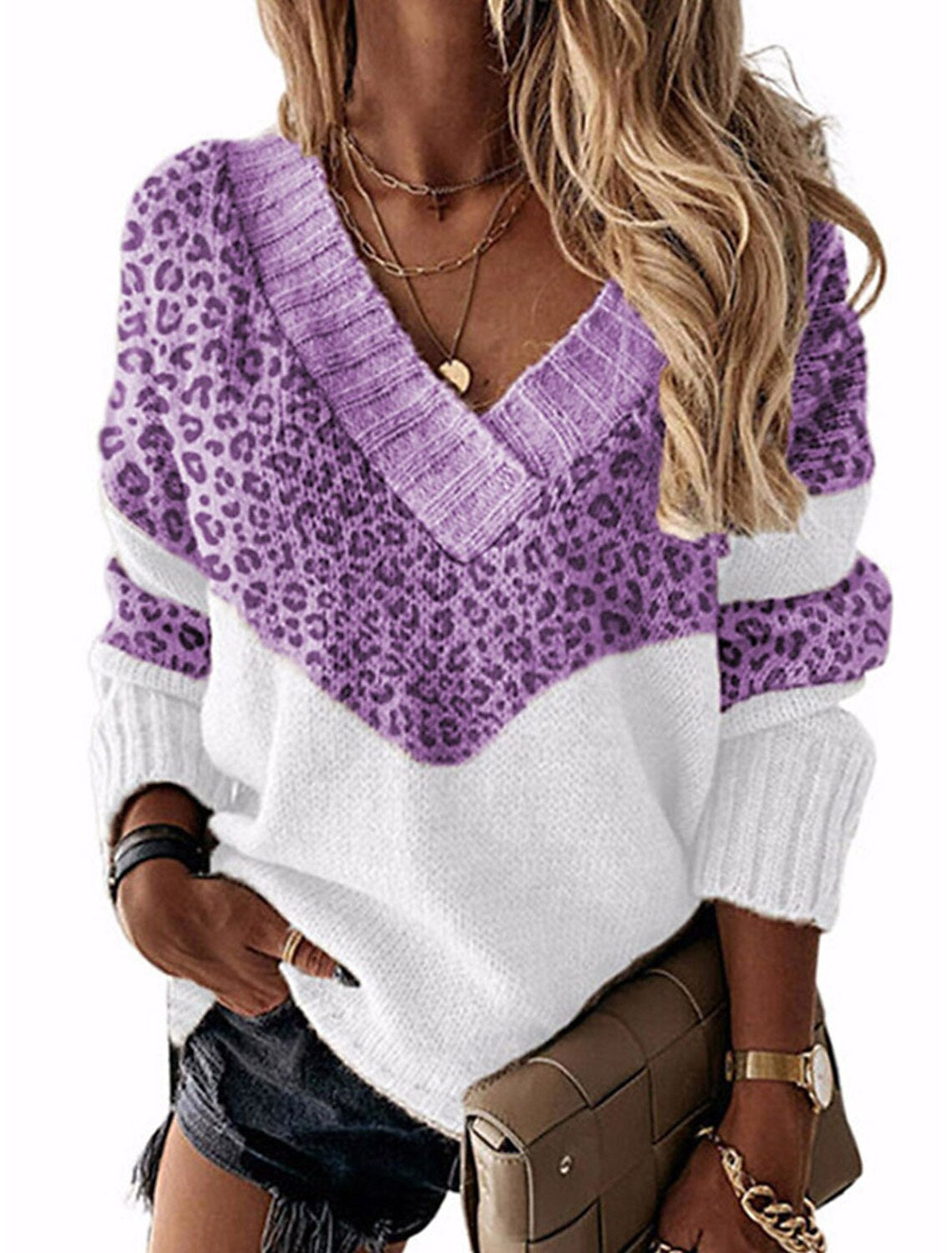Damen - V-Ausschnitt Pullover - Leopardenmuster - Modischer Strick - Trendiger Animal Print
