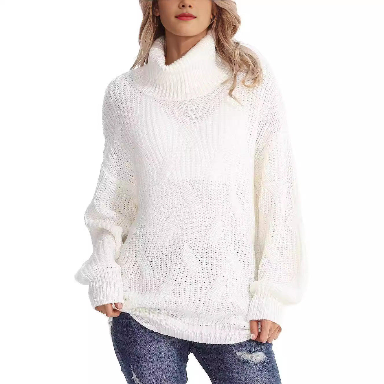 Damen - Strickpullover - Zopfmuster mit hohem Kragen - Stilvoller Pullover für kühle Tage