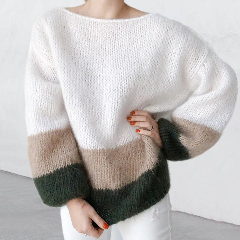 Damen - Grobstrick Pullover - Modernes Blockmuster - Stilvoller Strickpullover für jeden Anlass