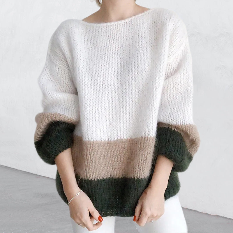 Damen - Grobstrick Pullover - Modernes Blockmuster - Stilvoller Strickpullover für jeden Anlass