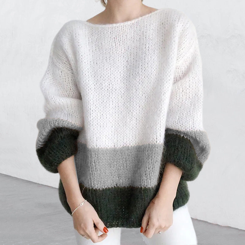 Damen - Grobstrick Pullover - Modernes Blockmuster - Stilvoller Strickpullover für jeden Anlass