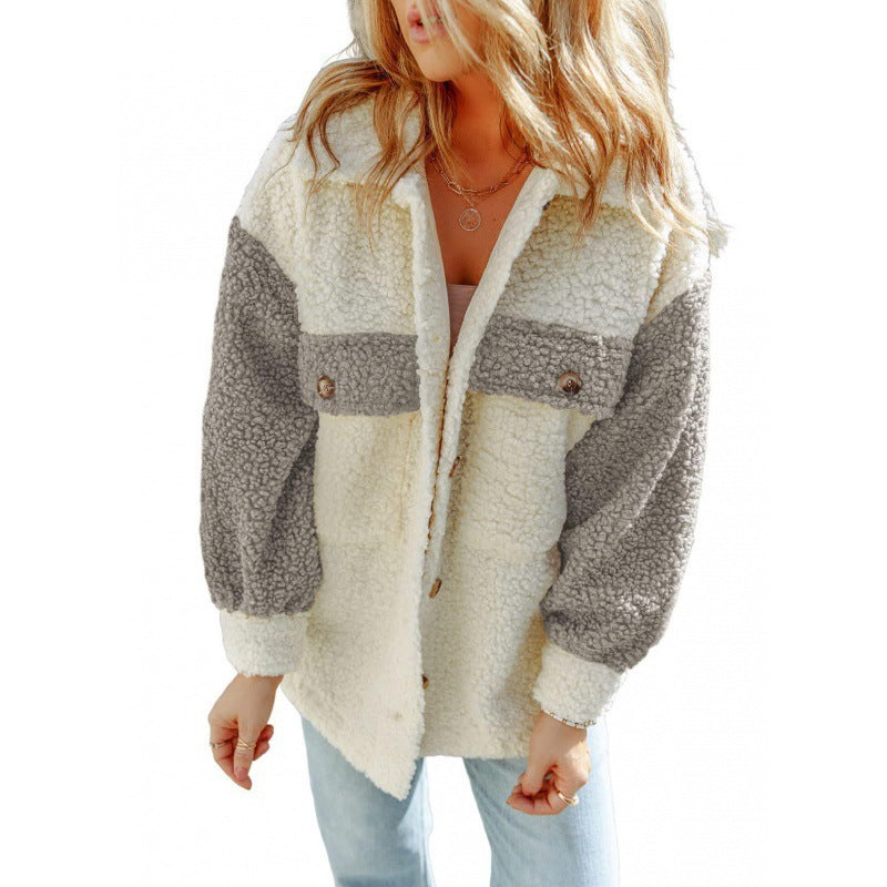 Damen - Teddyjacke - Kontrastfarbenen Ärmeln - Weiches Material - Stylische Freizeitjacke