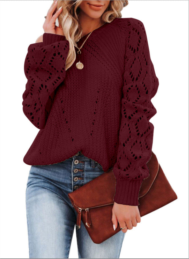 Damen - Strickpullover - Spitzenmuster & voluminösen Ärmeln - Eleganter Look für jeden Anlass