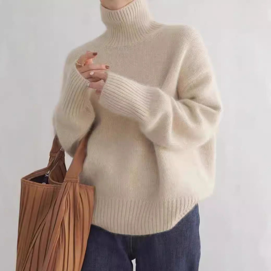 Damen - Gestrickter Pullover - Hohem Kragen - Lockerer Stil - Perfekt für kalte Tage