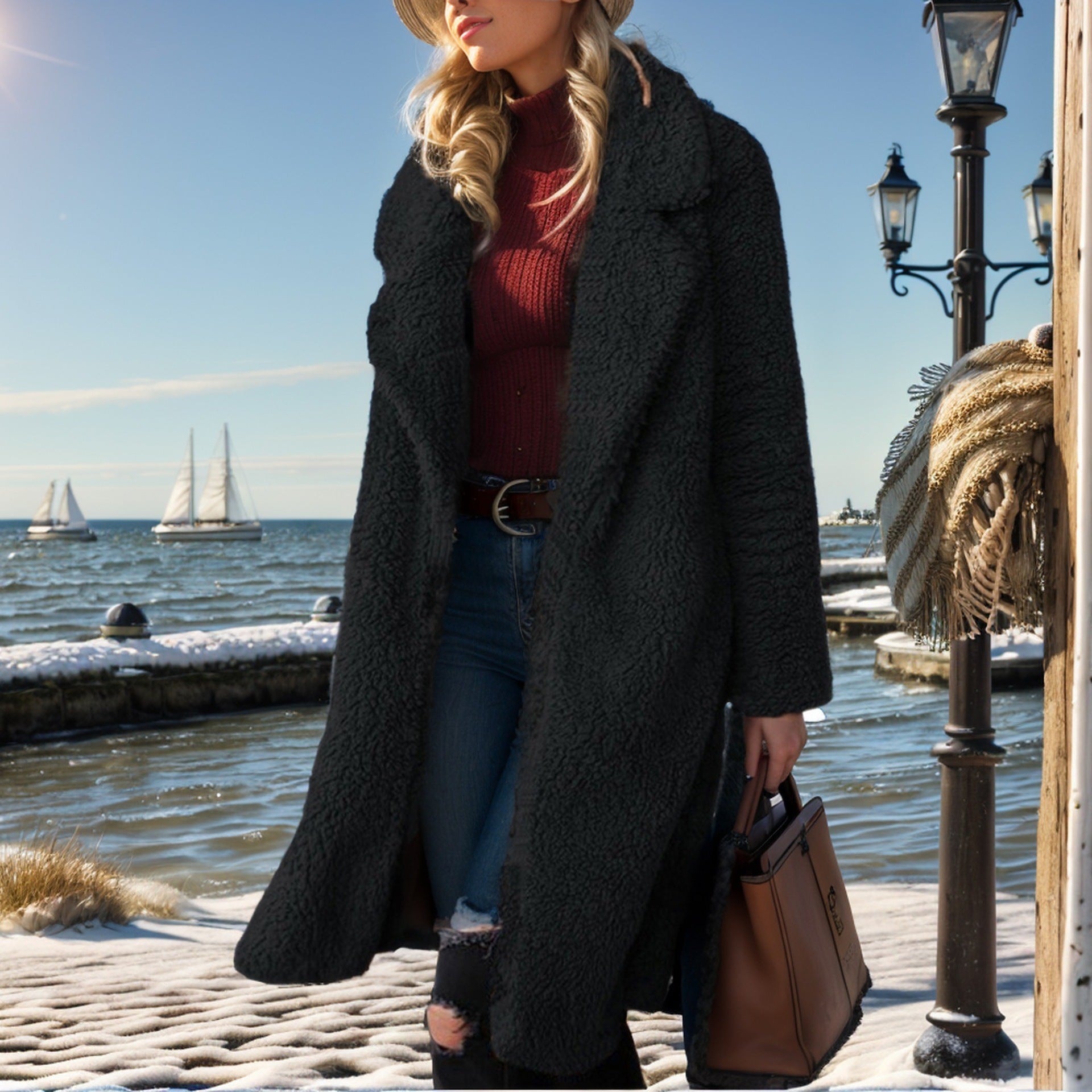 Damen - Übergroßer Teddy Mantel - Gefüttertem Kragen - Warm Stilvoll - Ideal für kalte Tage