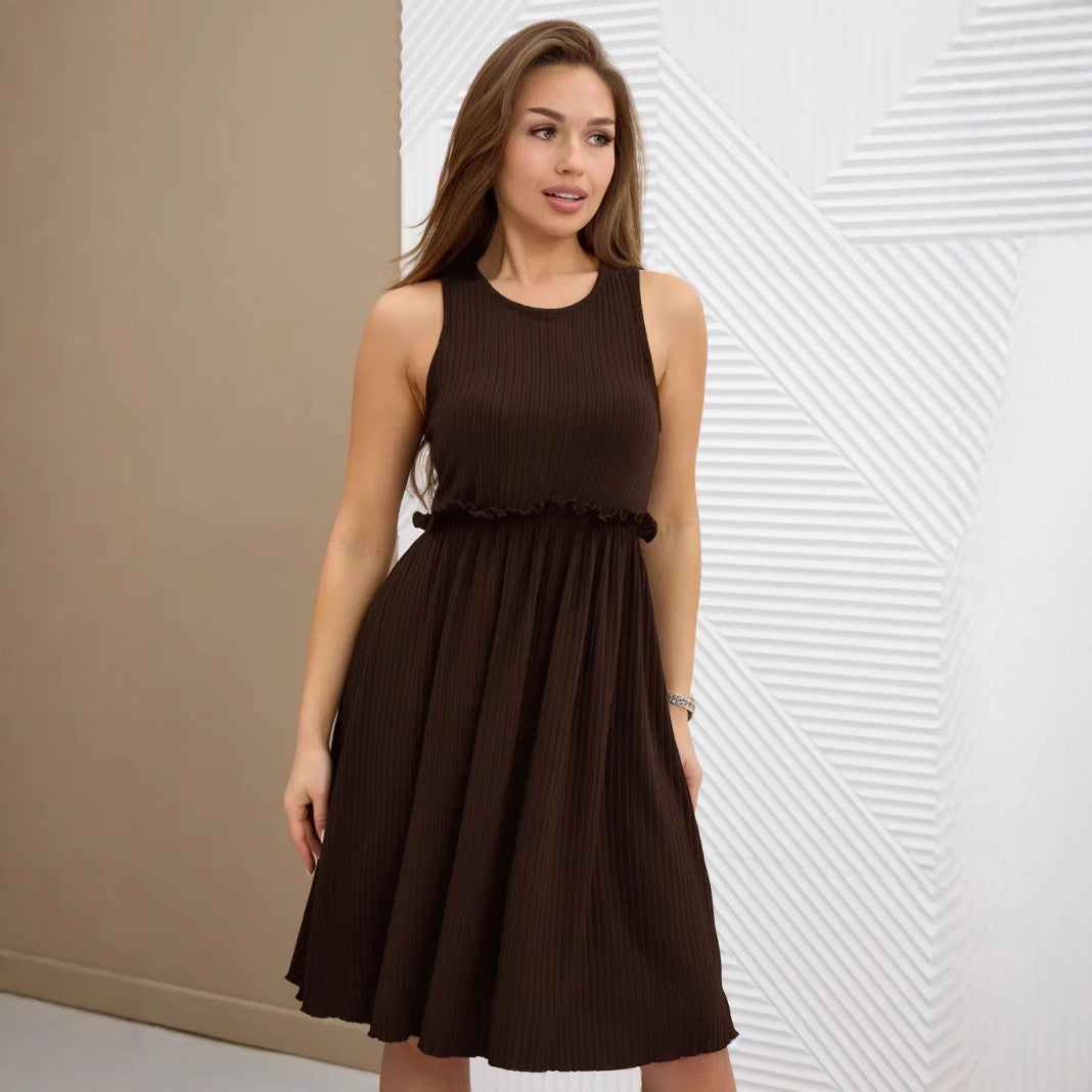 Damen - Ärmelloses A-Linien Midikleid - Hochgeschlossen aus Baumwollmischung - Bequemes Freizeitkleid