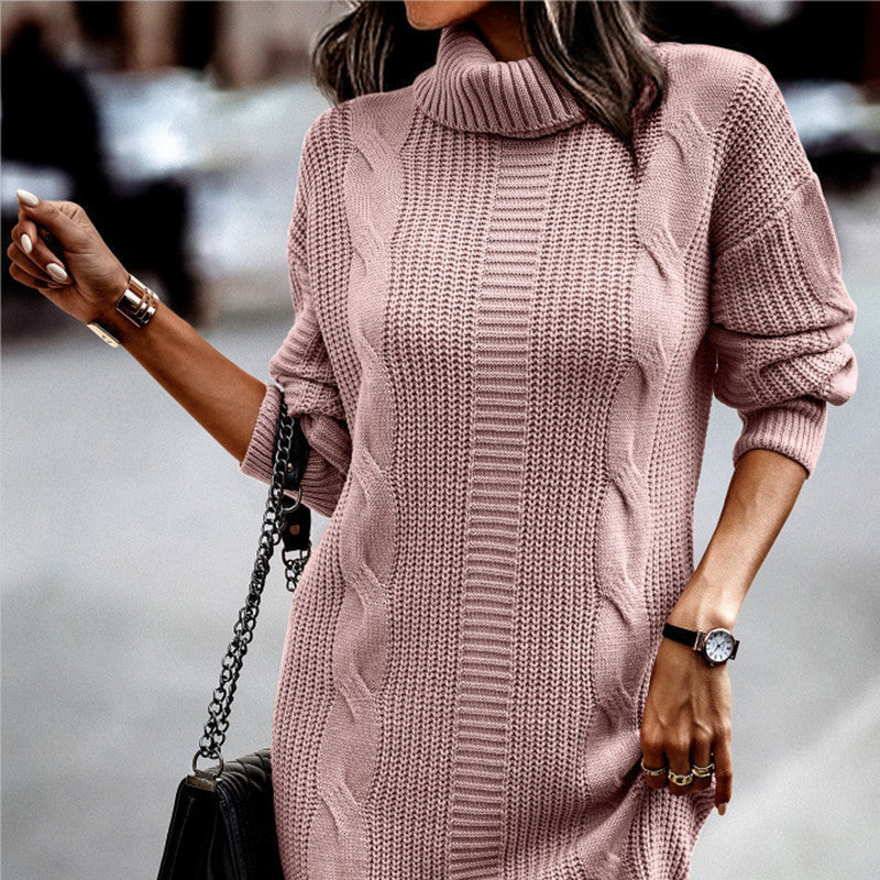 Damen - Elegantes Strickkleid - Kordelmuster - Hoher Kragen - Stilvolles Design für jeden Anlass