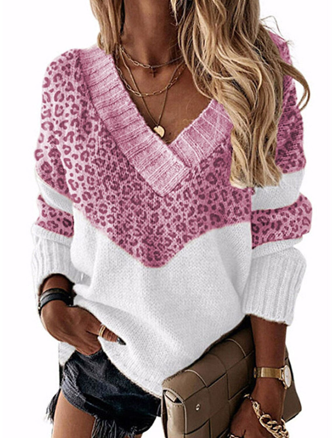 Damen - V-Ausschnitt Pullover - Leopardenmuster - Modischer Strick - Trendiger Animal Print