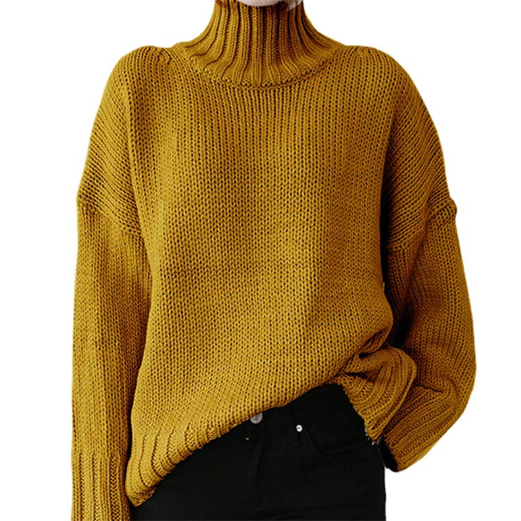 Frau - Grobstrick-Pullover mit hohem Kragen - Bequemer Style für die kalte Jahreszeit - Strickpullover