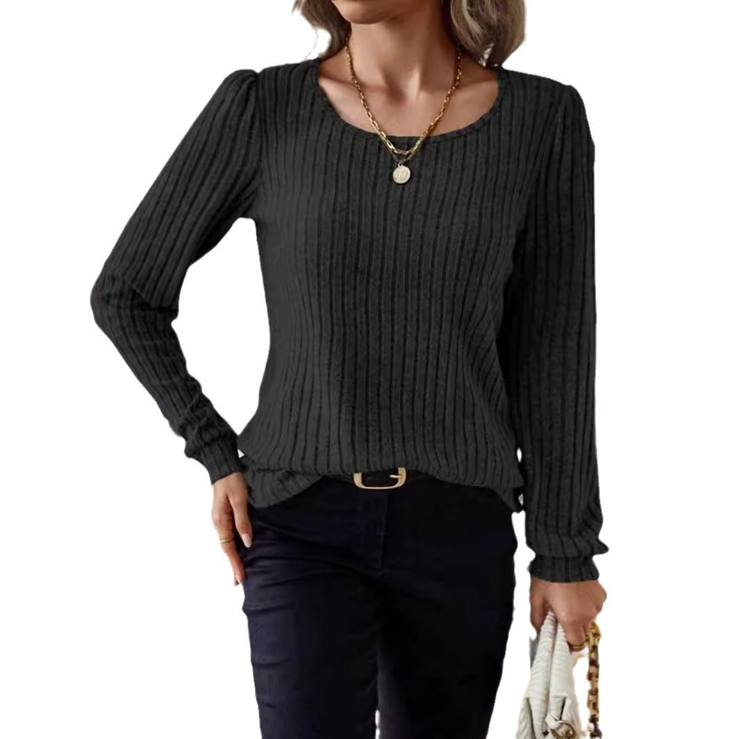Damen - Gestreifter Pullover - Puffärmel Design - Bequemer Stil für jedes Outfit