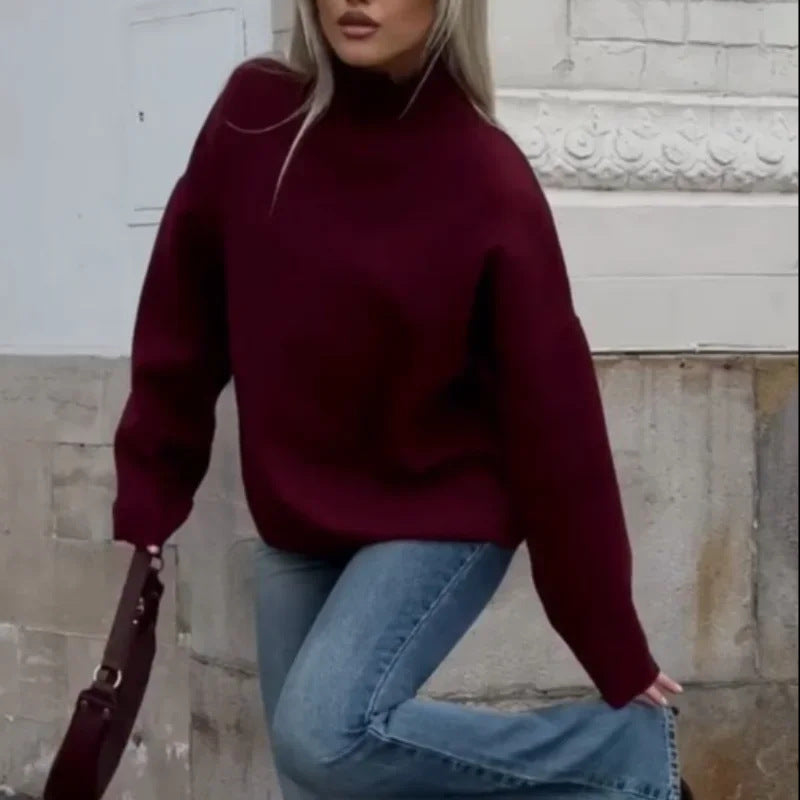 Damen - Pullover - Hohem Kragen - Kuscheliger Übergrößen Stil - Perfekt für kalte Tage