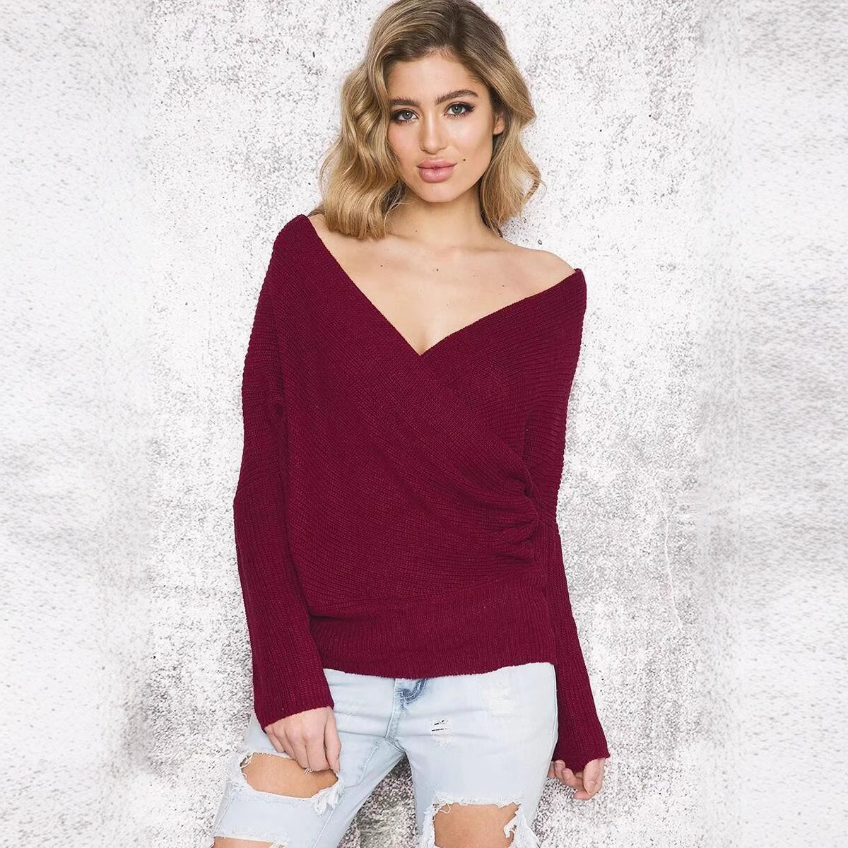 Damen - Wickel Pullover - V-Ausschnitt - Legere Passform - Bequemer und stilvoller Pullover für jede Gelegenheit