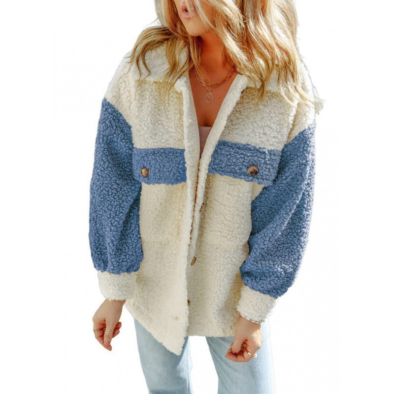 Damen - Teddyjacke - Kontrastfarbenen Ärmeln - Weiches Material - Stylische Freizeitjacke