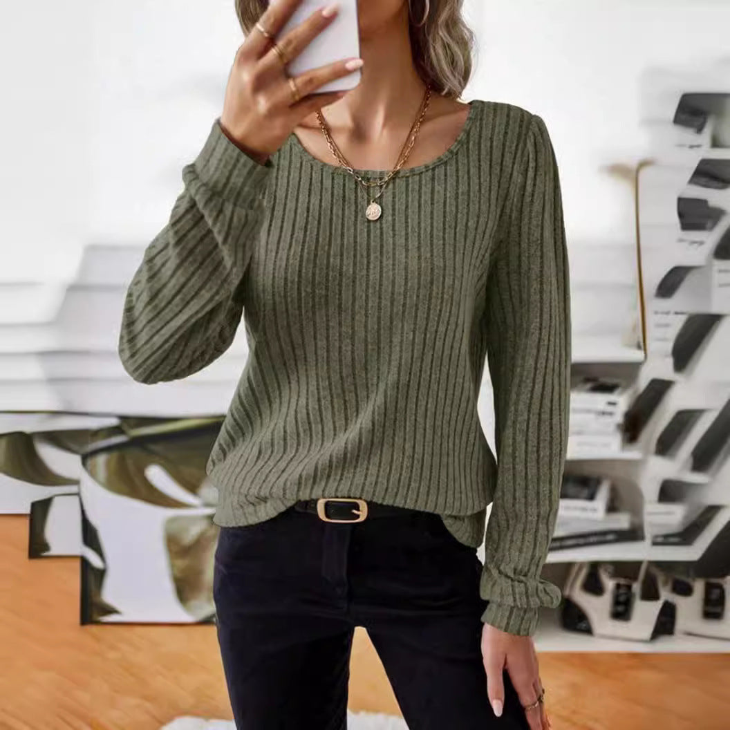 Damen - Gestreifter Pullover - Puffärmel Design - Bequemer Stil für jedes Outfit