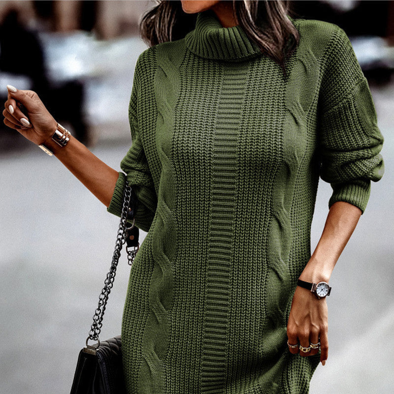 Damen - Elegantes Strickkleid - Kordelmuster - Hoher Kragen - Stilvolles Design für jeden Anlass