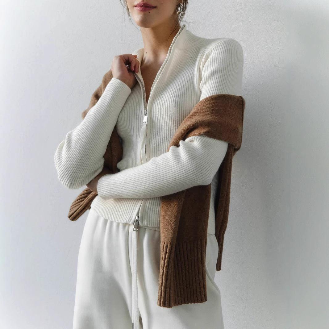 Damen - Gestrickter Pullover - Hoher Kragen - Reißverschluss - Bequem und Stilvoll