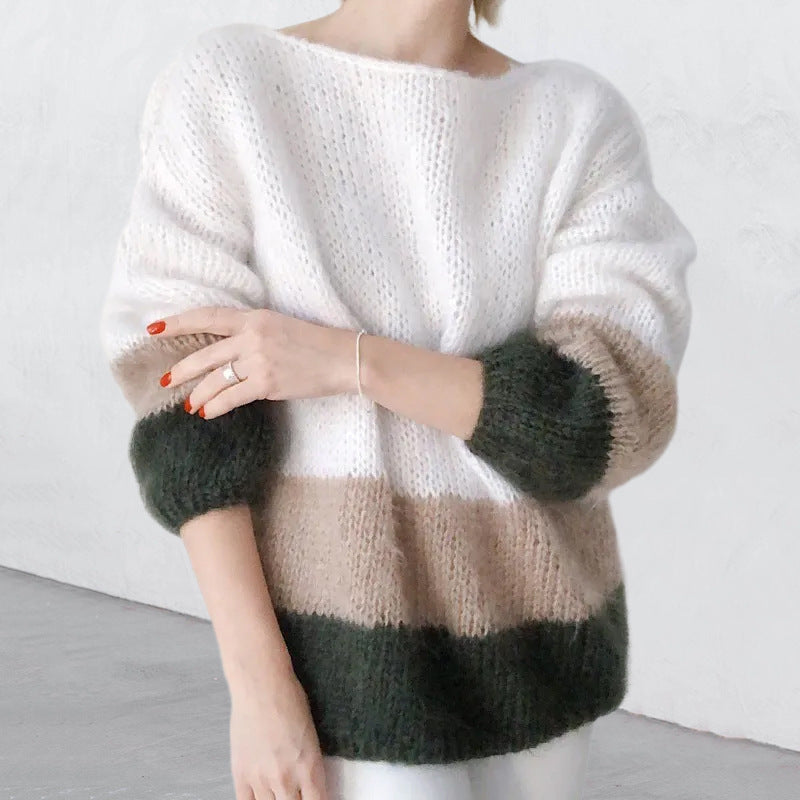 Damen - Grobstrick Pullover - Modernes Blockmuster - Stilvoller Strickpullover für jeden Anlass