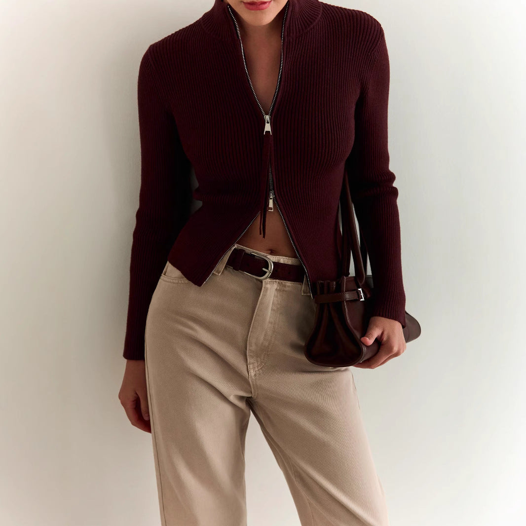 Damen - Gestrickter Pullover - Hoher Kragen - Reißverschluss - Bequem und Stilvoll