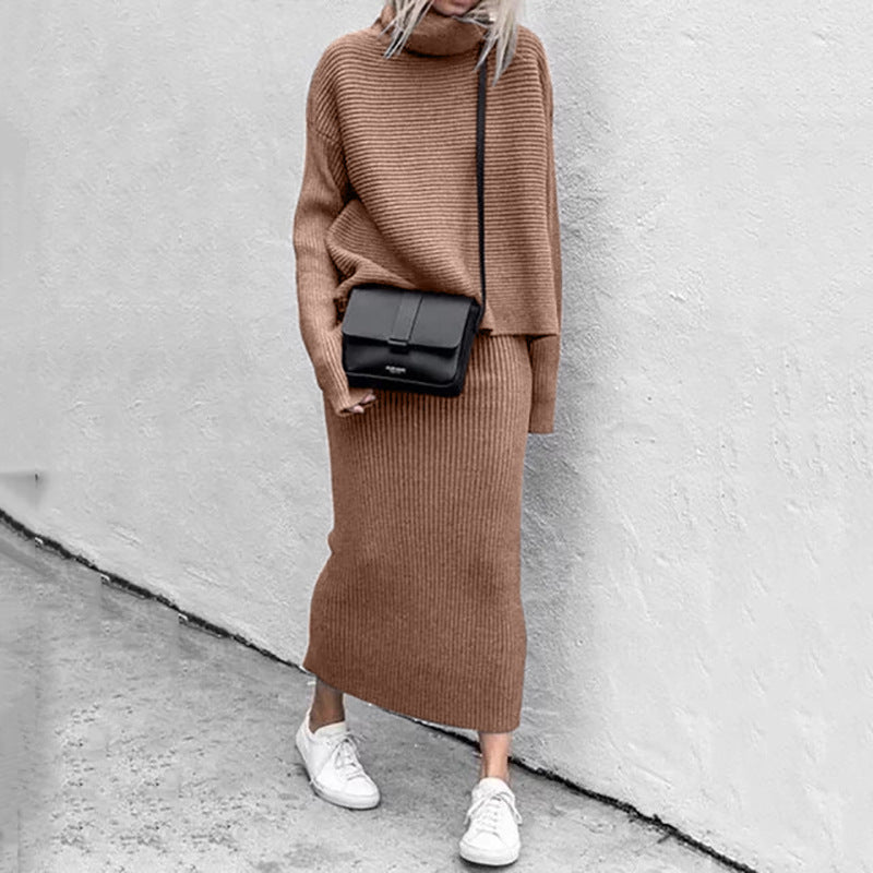 Damen - Rollkragen Strick Kombi Set - Geripptes Design - Modische Strickmode für jeden Anlass