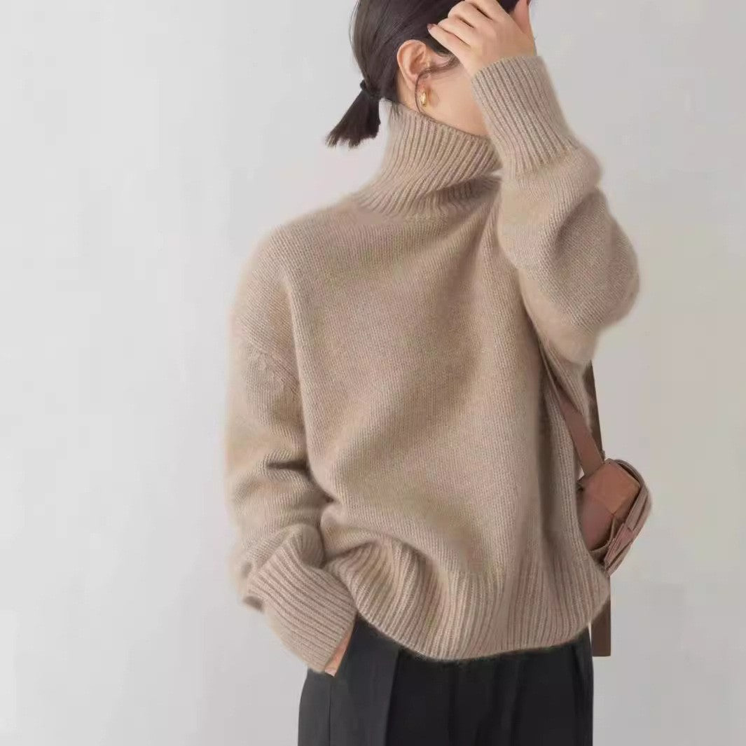 Damen - Gestrickter Pullover - Hohem Kragen - Lockerer Stil - Perfekt für kalte Tage
