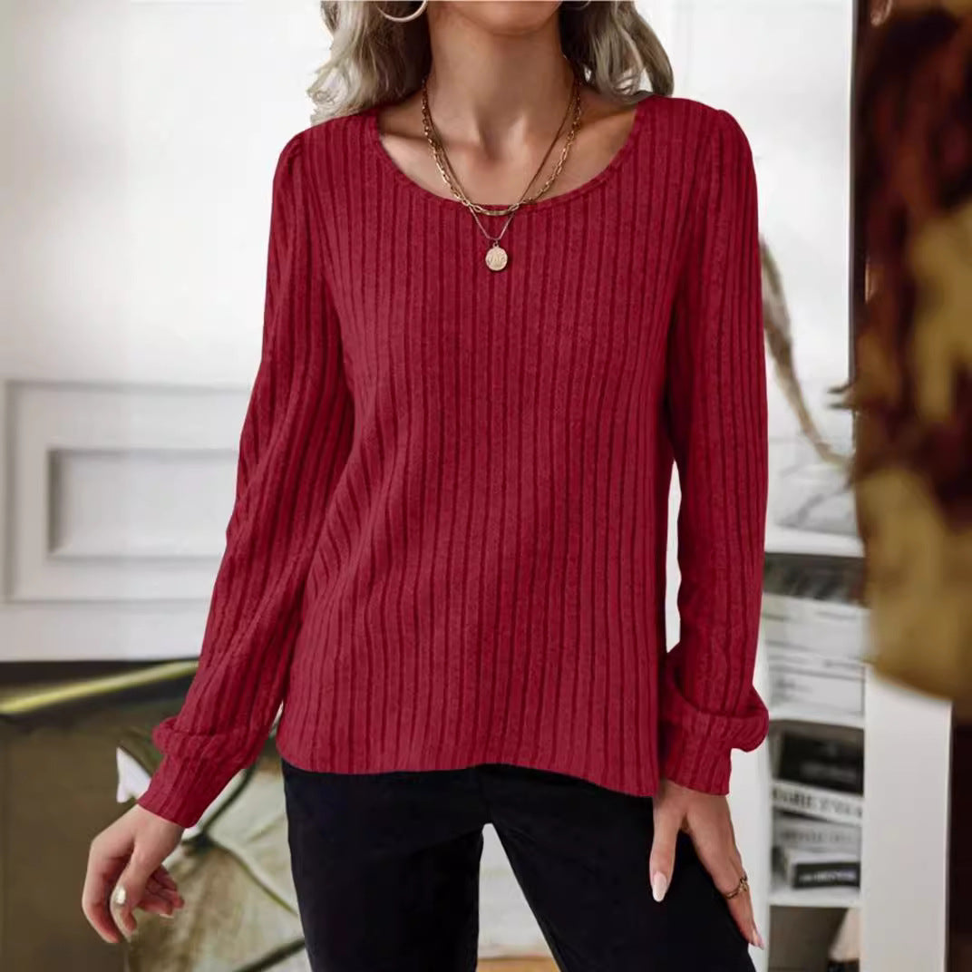 Damen - Gestreifter Pullover - Puffärmel Design - Bequemer Stil für jedes Outfit