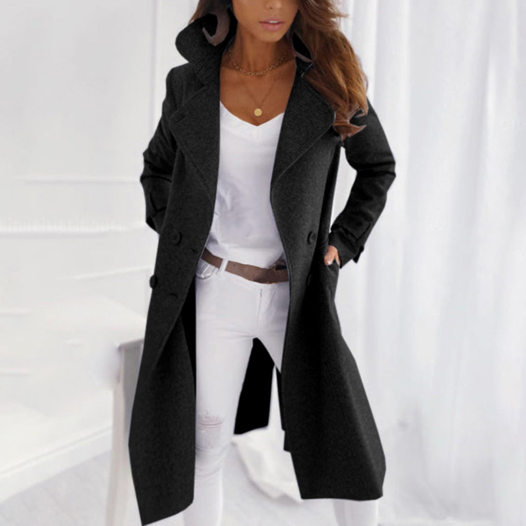 Damen - Langer zweireihiger Mantel - Strukturierte Aufschläge - Eleganter Wintermantel für stilvolle Outfits