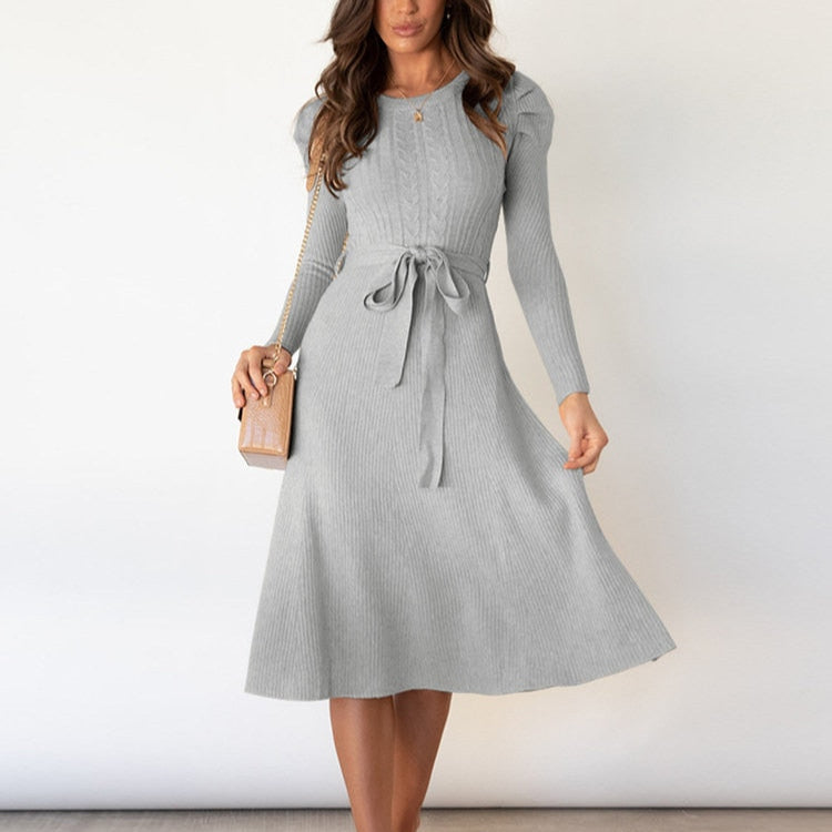 Damen - Strickpullover Kleid - Puffärmel - Modischer Strickstil - Bequem und Elegant