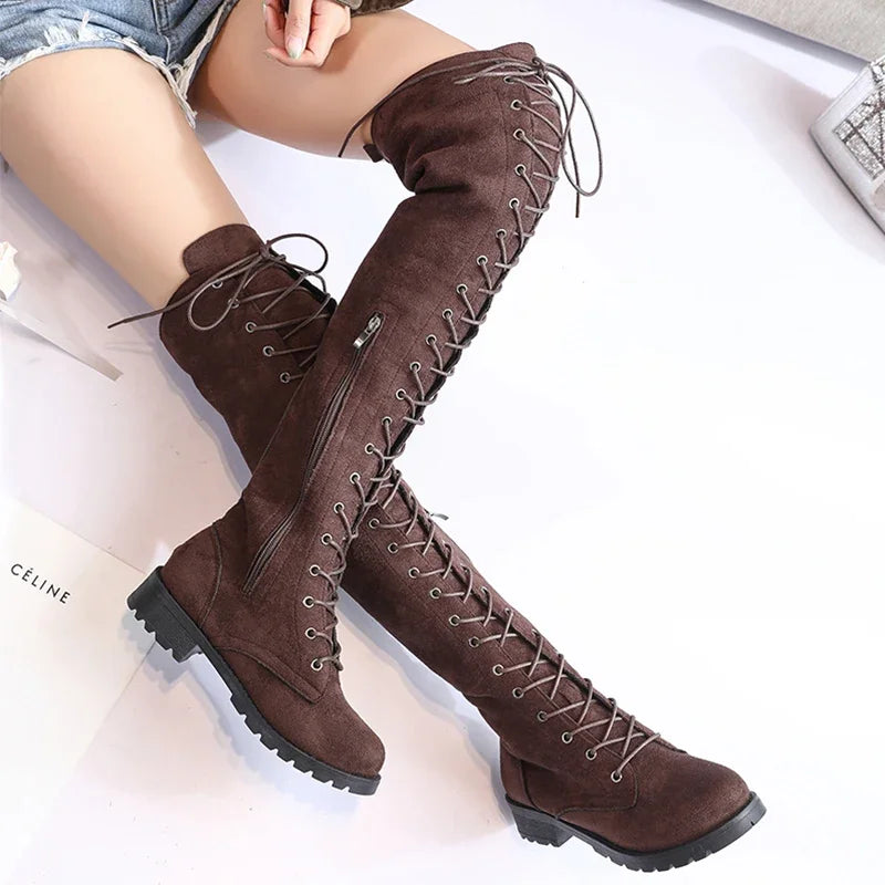 Damen - Overknee Stiefel - Wildleder mit Schnürung - Trendige Schuhe für stilvolle Outfits