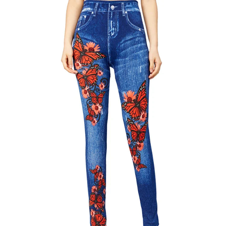 Damen - Hochtaillierte Jeggings - Schmetterlingsmuster - Bequem und stilvoll für jeden Anlass